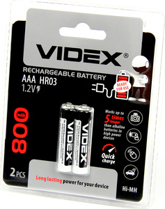 VIDEX 80AAA U2 Батарейка   Аккумуляторная 80AAA U2  NiMh (500 цикл. заряд/разр.)   1.2V 80 мАч (в блист. 2шт.) 